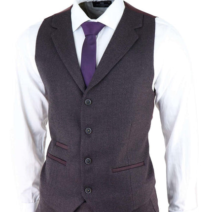 Mens Purple Plum 3 Piece Tweed Herringbone Suit Peaky Blinders Classic Tailored