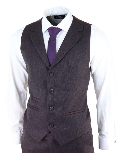 Mens Purple Plum 3 Piece Tweed Herringbone Suit Peaky Blinders Classic Tailored