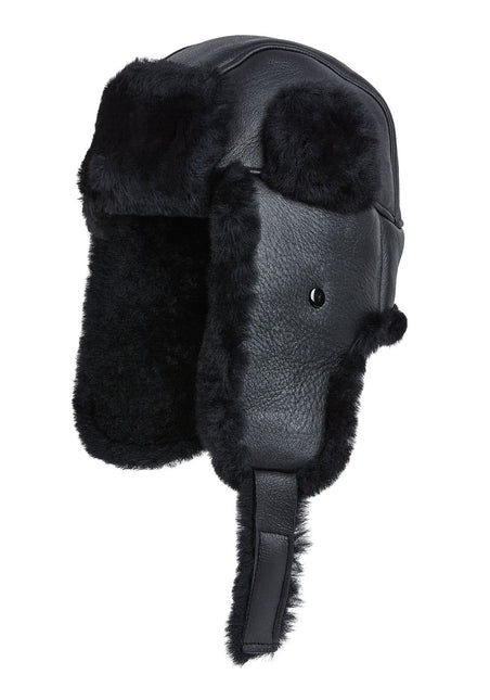 Mens Black RAF Aviator Sheepskin B-55 Trapper Hat Winter Warm Leather Navigator Hat