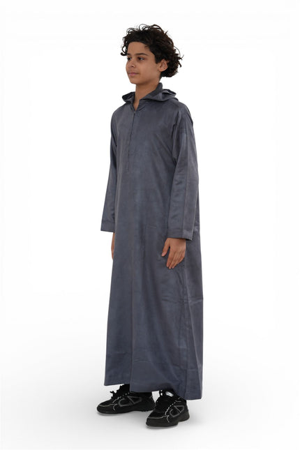 Kids Boys Hooded Eid Grey Moroccan Jubba Robe Ramadan Eid Thobe - K-HM12