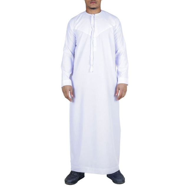 Men's White Thobe Emirati Islamic Jubba Robe Eid Tassel Regular Fit