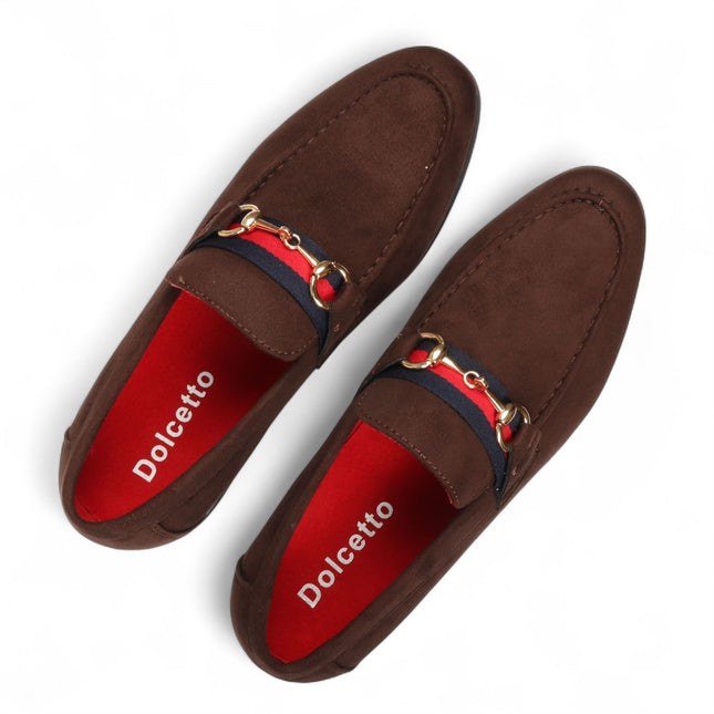 Men's Brown Suede Loafers with Gold Buckle Slip-On Dress Shoes