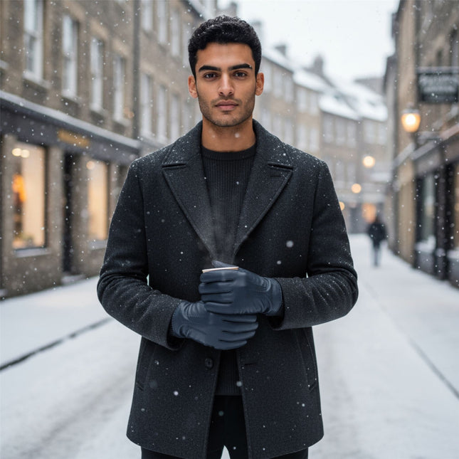 Men’s Navy Blue Italian Leather Warm Wool Lining Winter Stich Design Gloves - M-LGV-205