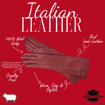 Womens Long Red Italian Leather Winter Button Design Soft Wool Lining Gloves - L-GLV-201