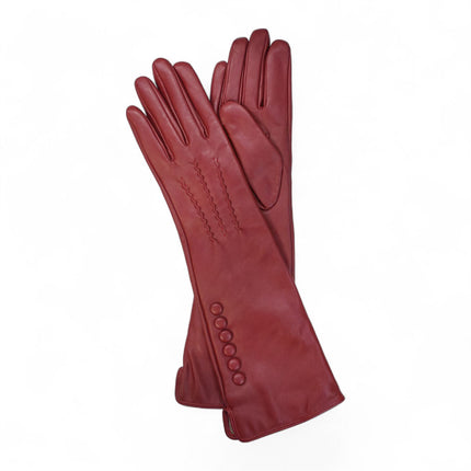 Womens Long Red Italian Leather Winter Button Design Soft Wool Lining Gloves - L-GLV-201
