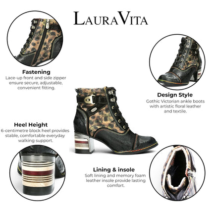 Laura Vita Women's Victorian Floral Black Leather Lace-Up Ankle Boots - Idcorao-10