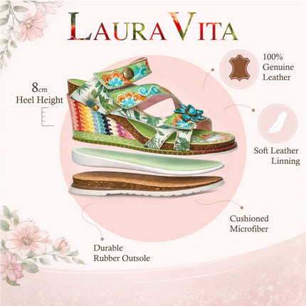 Laura Vita Women's Balade 32 Vert Green Floral Leather Wedge Espadrille Sandals