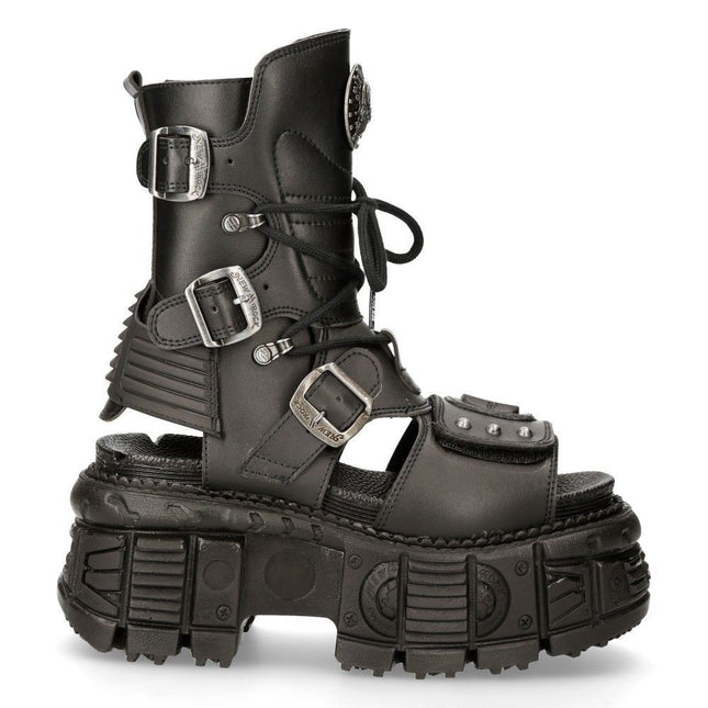 New Rock Unisex Black Vegan Leather Sandal Boots- Bios107-V1