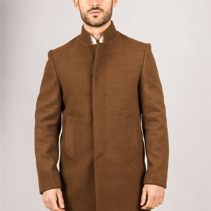 Men's Brown Stand Collar Wool Blend Overcoat
