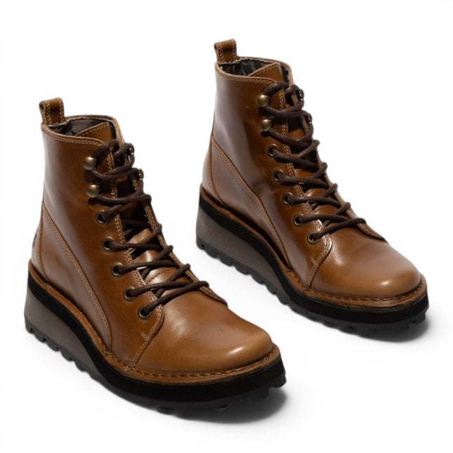 Fly London Womens Tan Leather Lace-Up Ankle Boots - HAZI147