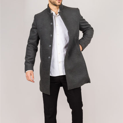 Men's Grey Stand Collar Wool Blend Overcoat