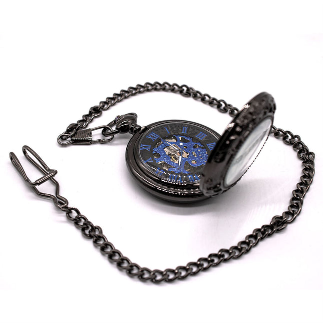 Vinatage Black Mechanical Alloy Skeleton Half Hunter Pocket Watch