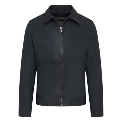 Mens Leather Blue Harrington Collar Biker Jacket - Alpha