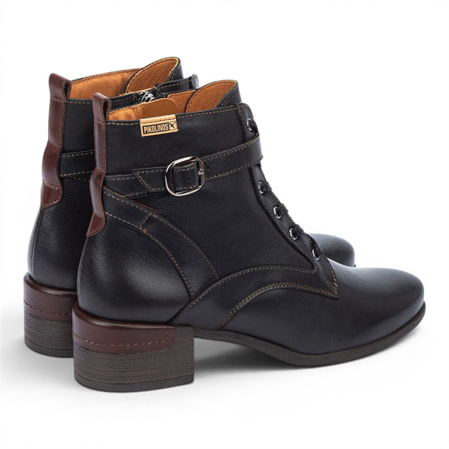 Pikolinos Women's Black Leather Lace-Up Mid-Heel Ankle Boots - Malaga