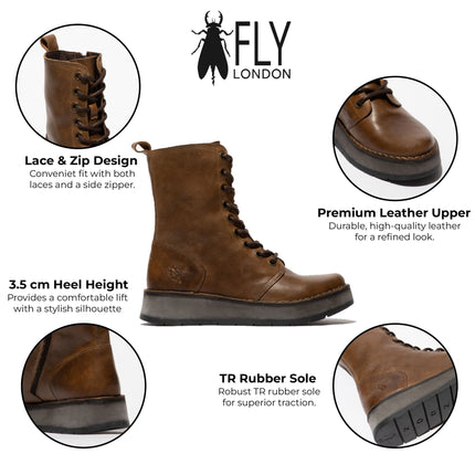 Fly London Womens Tan Rami043 Casual Leather Lace-Up Ankle Dress Boots