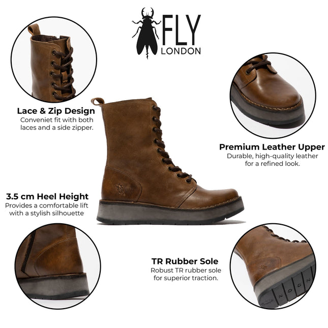 Fly London Womens Tan Rami043 Casual Leather Lace-Up Ankle Dress Boots