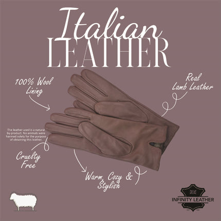 Womens Nude Beige Italian Leather Winter Button Design Soft Wool Lining Gloves - L-GLV-501