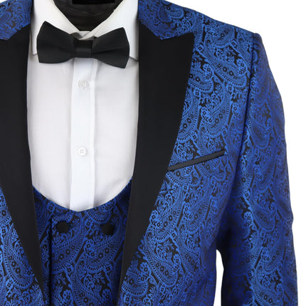 Mens Blue Tuxedo Blazer Waistcoat Brocade Black Satin Paisley Dinner Jacket