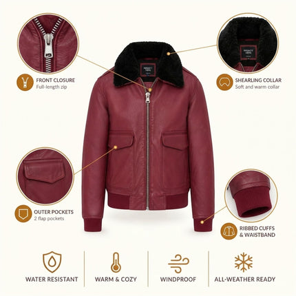Mens Burgundy Leather Aviator Bomber Jacket - Lunar