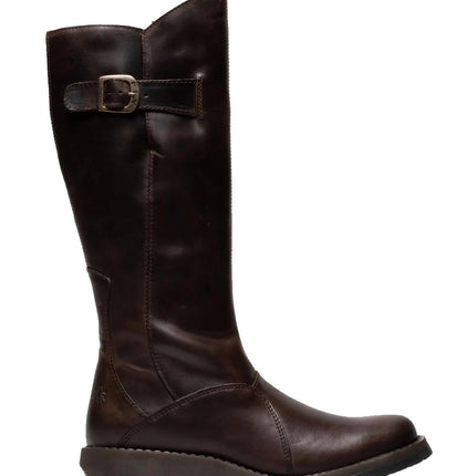 Fly London Womens Brown Mol 2 Leather Wedge Heel Knee High Zip Up Boots