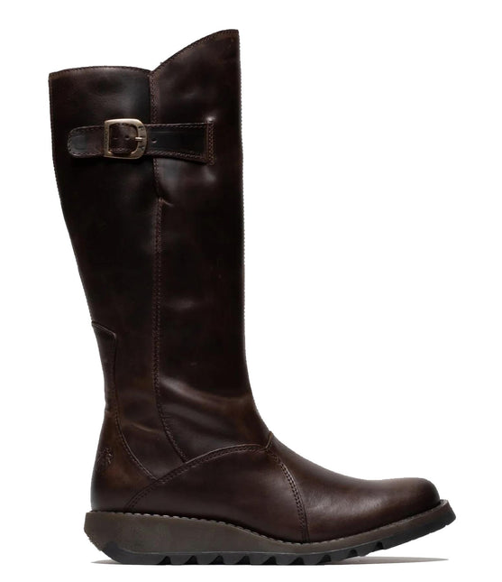 Fly London Womens Brown Mol 2 Leather Wedge Heel Knee High Zip Up Boots