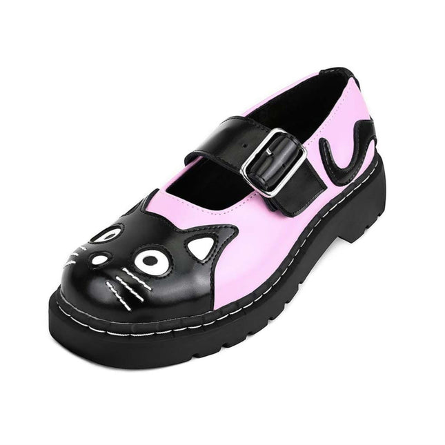 TUK Womens Mary Jane Kitty Pink Black Leather Platform Goth Shoes - T2344