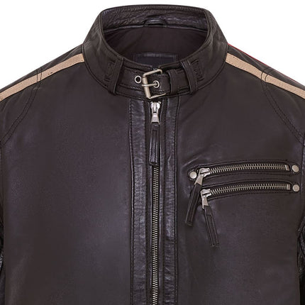 Mens Black Cafe Racer Striped Leather Jacket Vintage Biker Motorcycle Jacket