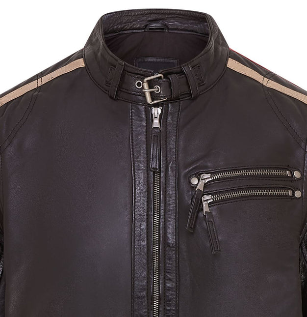 Mens Black Cafe Racer Striped Leather Jacket Vintage Biker Motorcycle Jacket