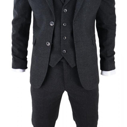 Mens Black 3 Piece Tweed Suit Peaky Blinders 1920s Gatsby Classic Tailored Fit