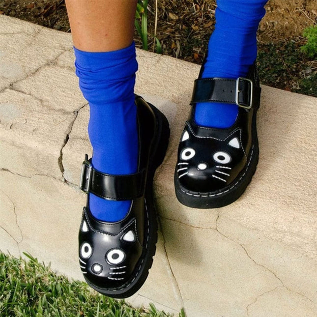 TUK Womens Mary Jane Kitty Black Leather Platform Goth Shoes - T2025