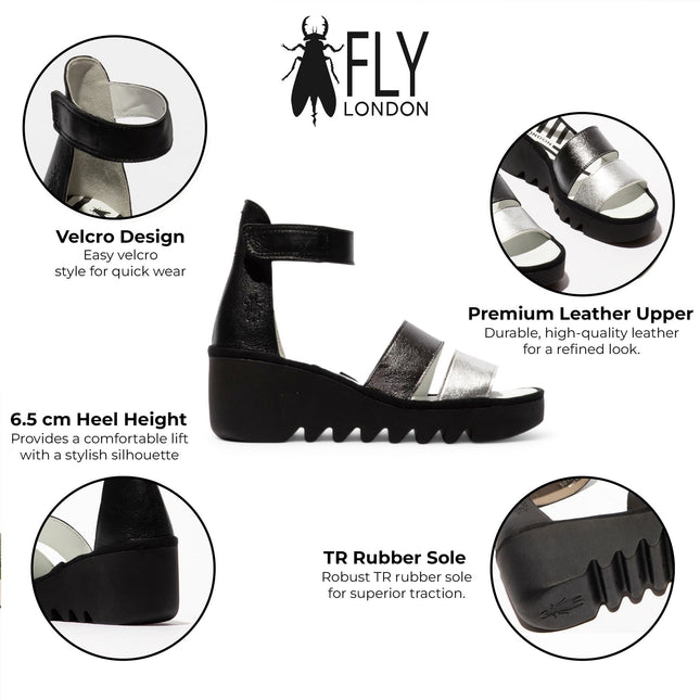 Fly London Women's Bono290Fly Silver Black Idra Leather Wedge Sandals
