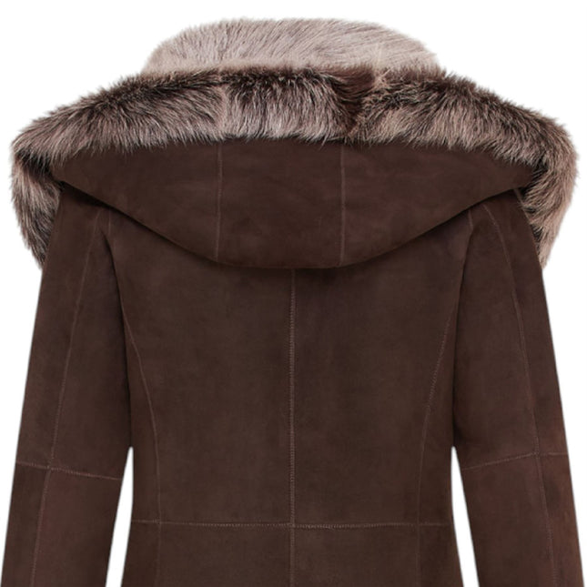 Womens Suede Toscana Sheepskin Hooded Trench Coat-Rushden