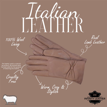 Womens Nude Beige Italian Leather Winter Bow Design Soft Wool Lining Gloves - L-GLV-401