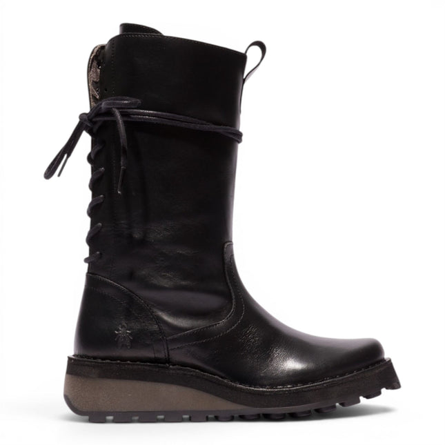 Fly London Women’s Black Leather Mid-Calf Long Boots - HEIG229