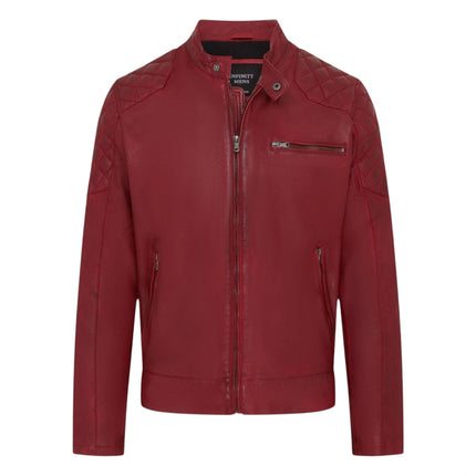 Mens Red Leather Quilted Shoulder Biker Jacket - Rock