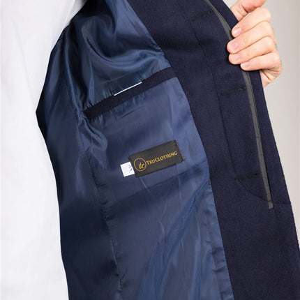 Men's Navy Stand Collar Wool Blend Overcoat