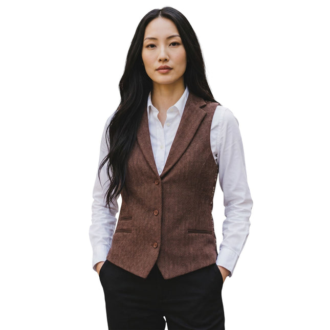 Women's Rust Brown Herringbone Wool Tweed Check Tailored Waistcoat - WS-1