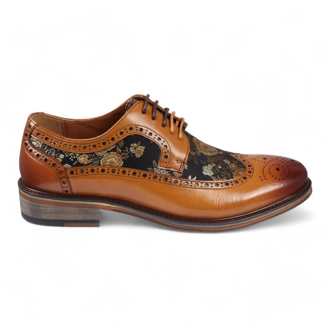 Justin Reess Men's Brown Leather Floral Print Brogue Dress Shoes - Ross