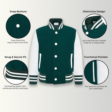 Kids Green Wool Varsity Bomber Jacket with Real Leather Sleeves