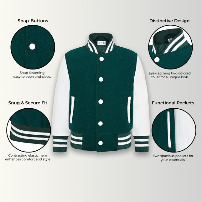 Kids Green Wool Varsity Bomber Jacket with Real Leather Sleeves