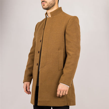 Men's Tan Stand Collar Wool Blend Overcoat