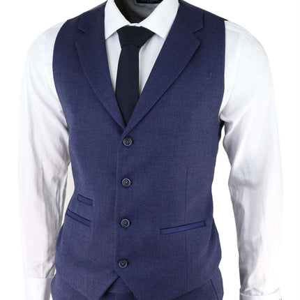 Mens Navy Blue 3 Piece Tweed Herringbone Suit Peaky Blinders Classic Tailored