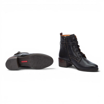 Pikolinos Women's Black Leather Lace-Up Mid-Heel Ankle Boots - Malaga