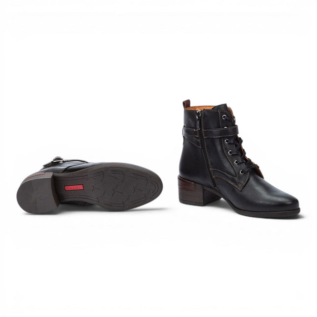 Pikolinos Women's Black Leather Lace-Up Mid-Heel Ankle Boots - Malaga