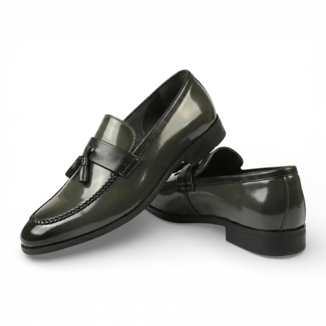 Mens Olive Tassel High-Gloss Patent Faux Leather Formal Loafers Shoes