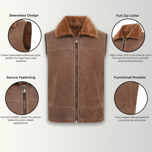 Men's Sheepskin Leather Gilet Aviator B3 Shearling Bomber Vest Waistcoat