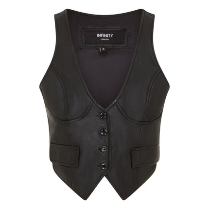 Womens Black Leather Waistcoat Biker Vest - MAM-WC