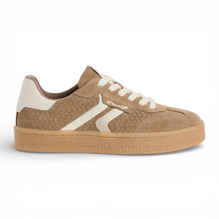 Tamaris Women's Taupe Leather White Stripes Trainers Sneaker Shoes