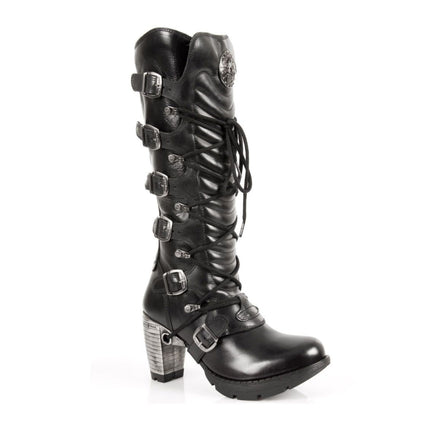 New Rock Ladies Black Buckle Laced Knee-High Boots - TR004-S1