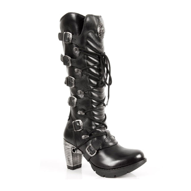 New Rock Ladies Black Buckle Laced Knee-High Boots - TR004-S1
